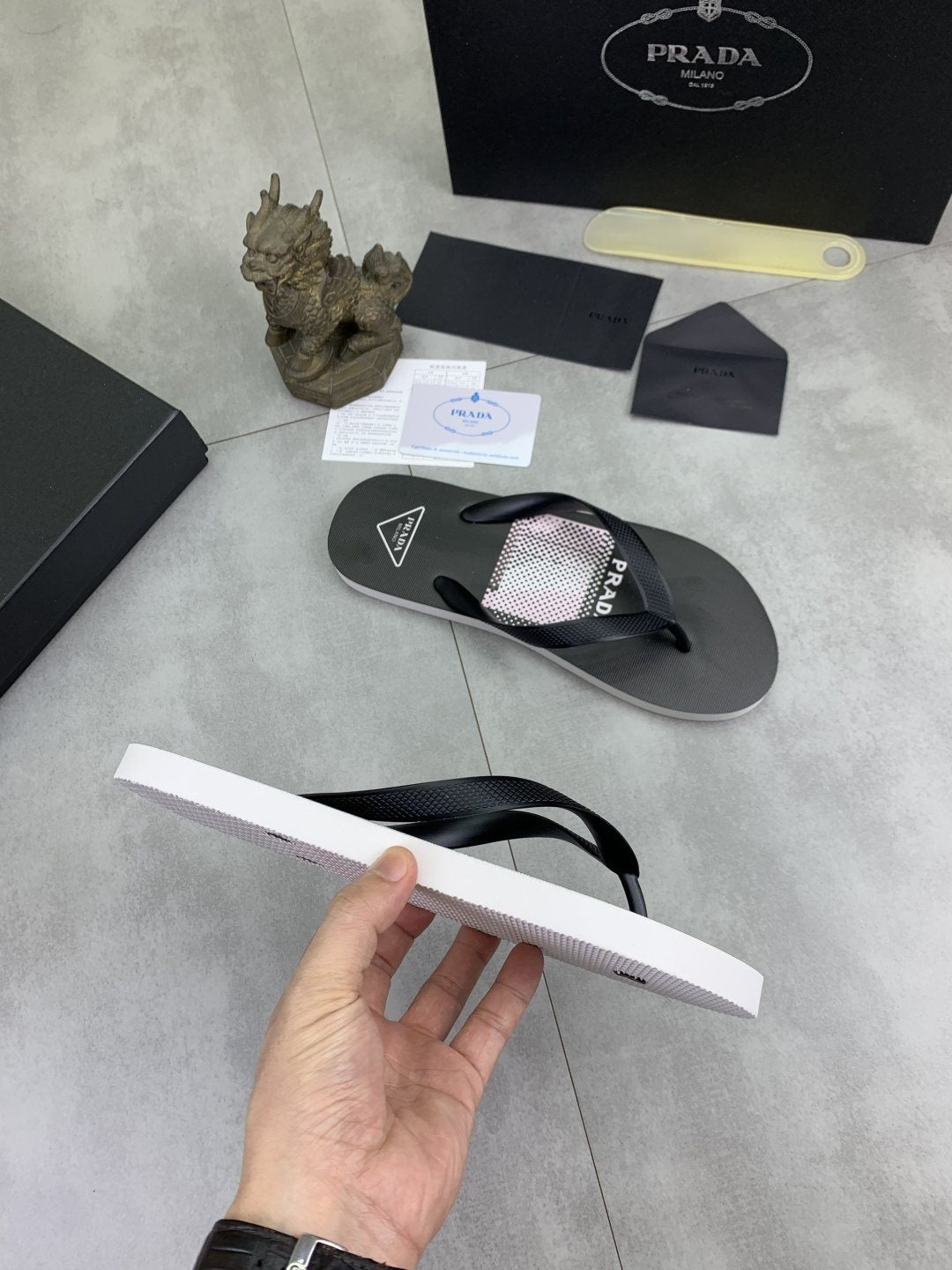 Prada Gray Patterned Flip-Flop Sandals — side