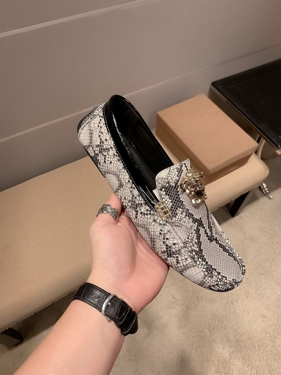 Versace Gray Snakeskin Slip-On Loafers — model