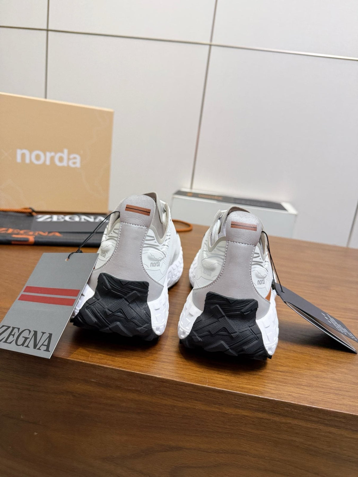 White Gray Brown Running Shoes — back