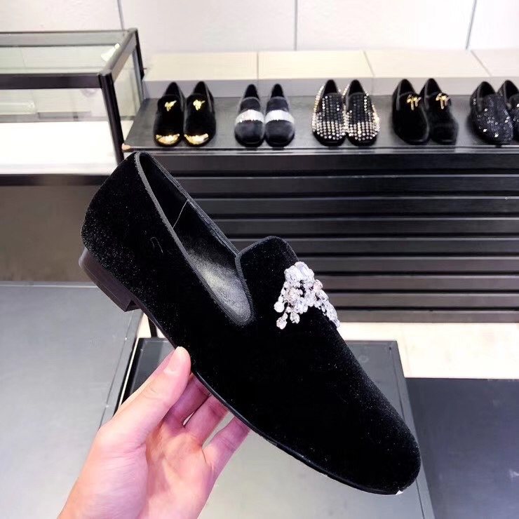 Giuseppe Zanotti Black Crystal Velvet Slip-On Shoes — model