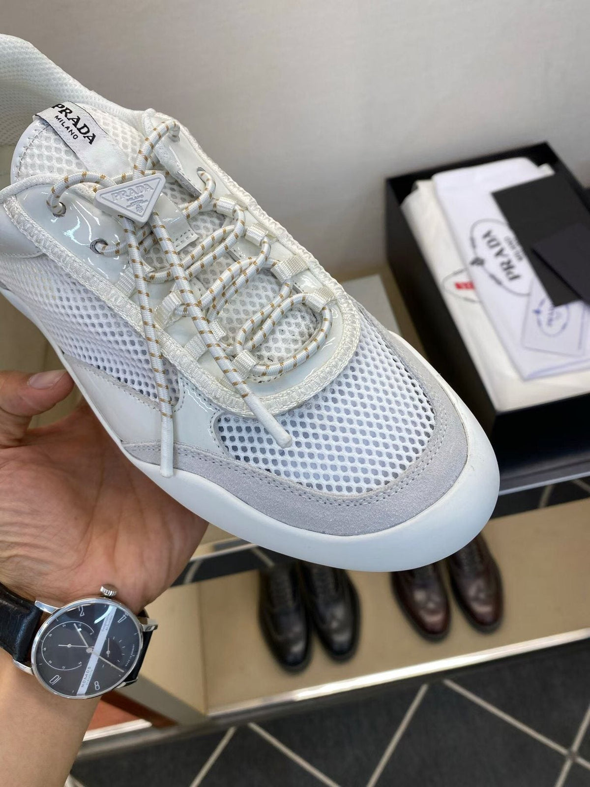 Prada White and Light Gray Mesh Sneakers — front