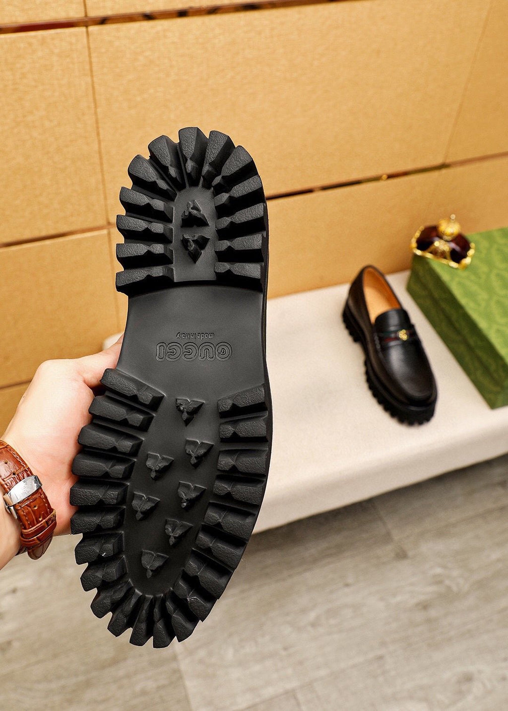 GUCCI Black Lug-Sole Loafers — detail