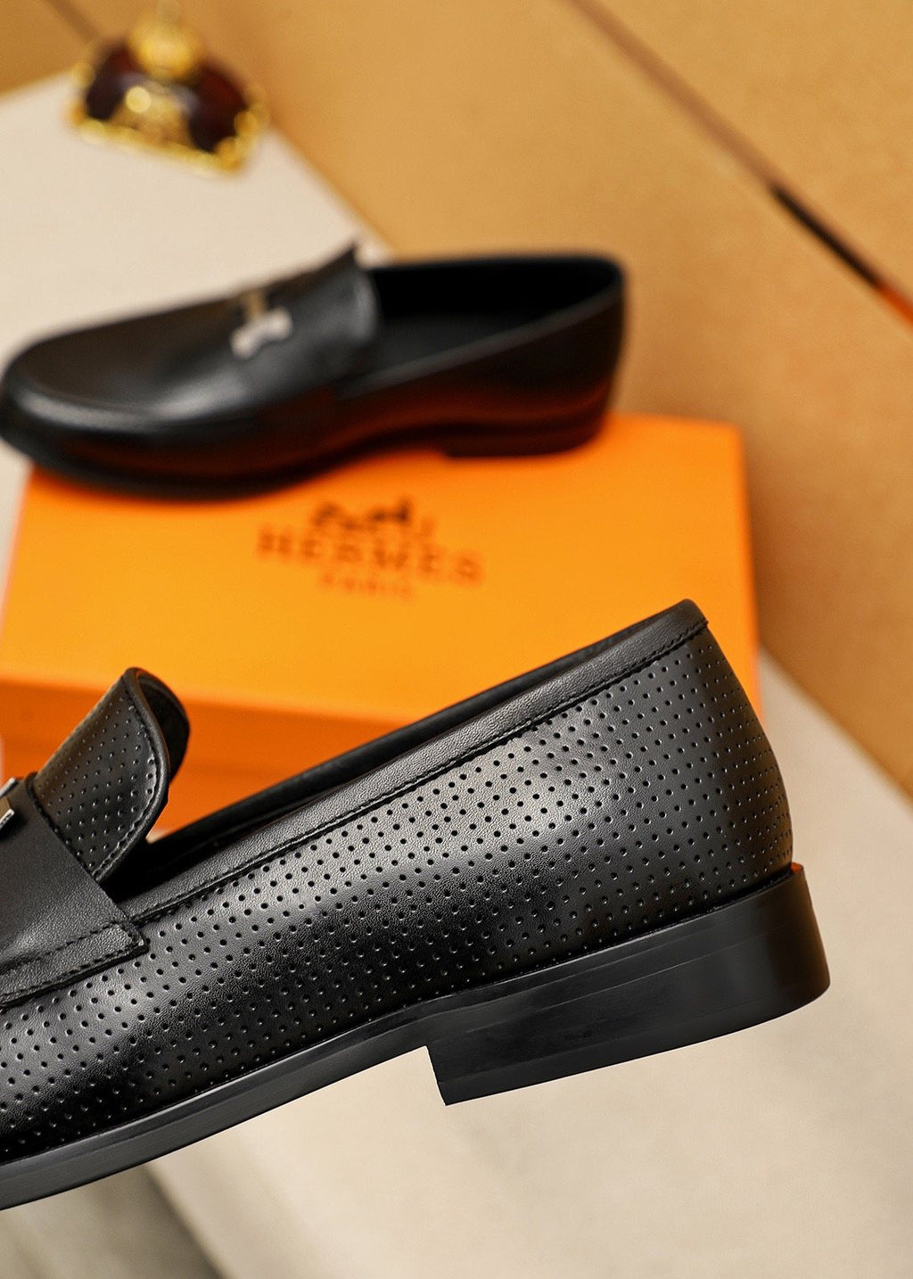 Hermès Black Perforated H-Hardware Loafers — detail