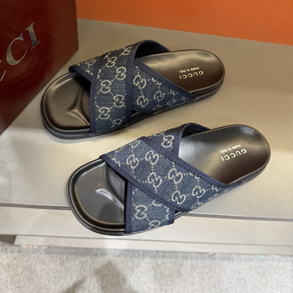 Gucci Patterned Cross-Strap Slide Sandals — front