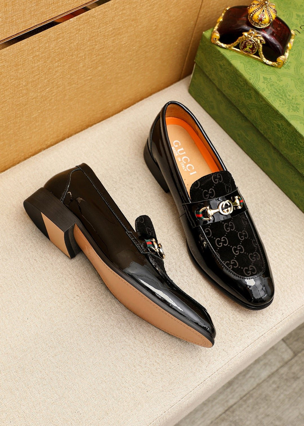 Gucci Patterned Metal Bit Loafers — front