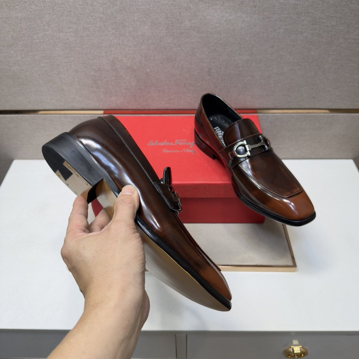 Ferragamo Brown Buckle Loafers — model