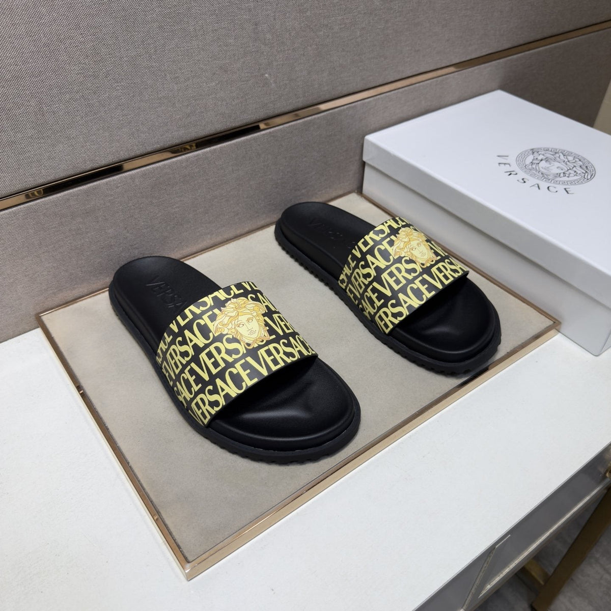 Versace Logo Print Slide Sandals — front