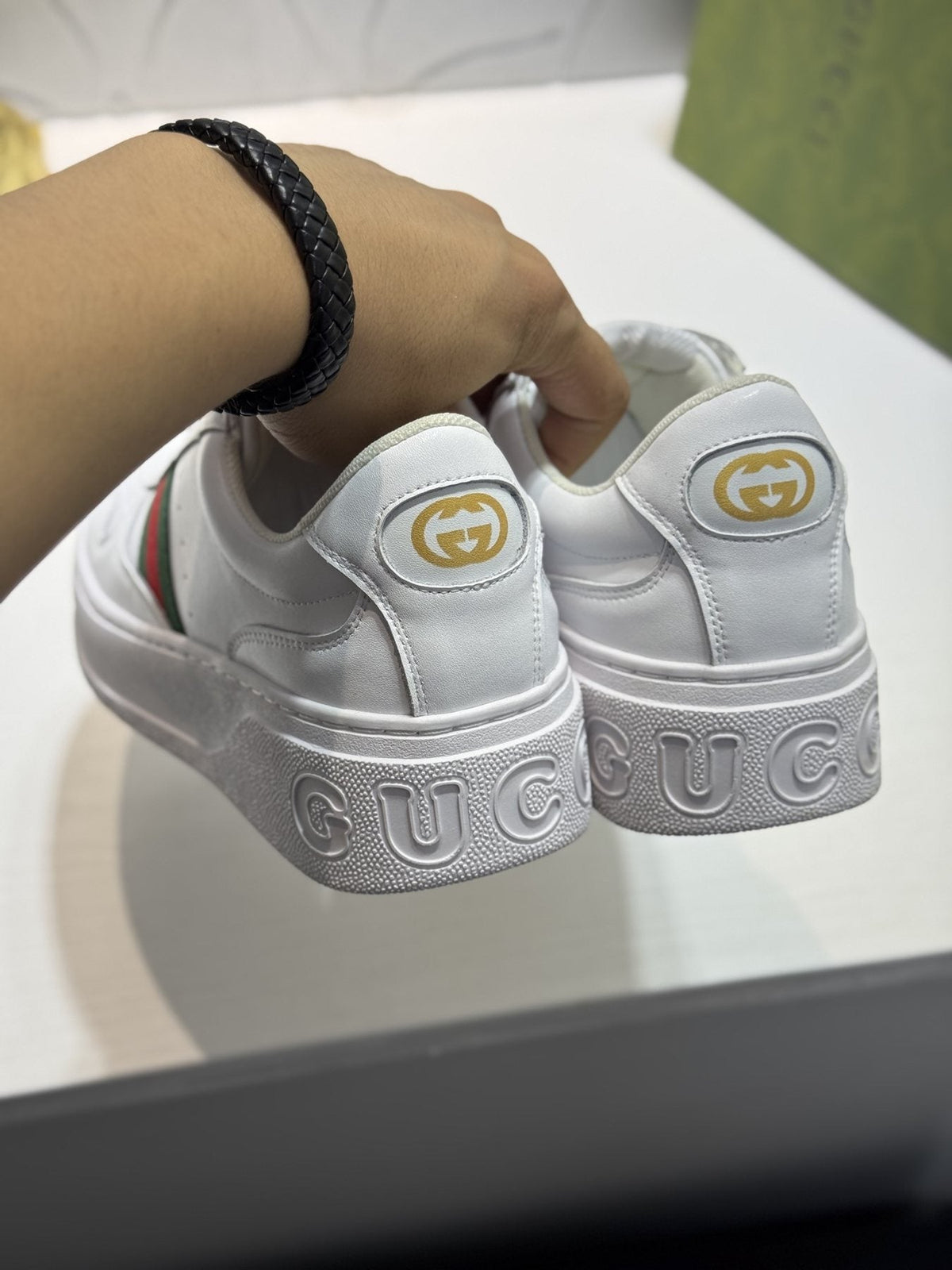Gucci White Green-Red Stripe Sneakers — back